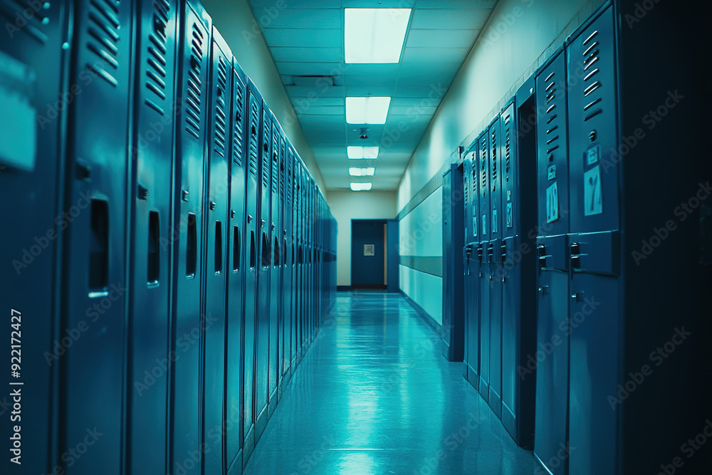 Fototapeta premium Warmly Illuminated School Corridor with Blue and Teal Lockers in a Cinematic Wide-Angle Perspective, Featuring Modern and Clean Design Elements.