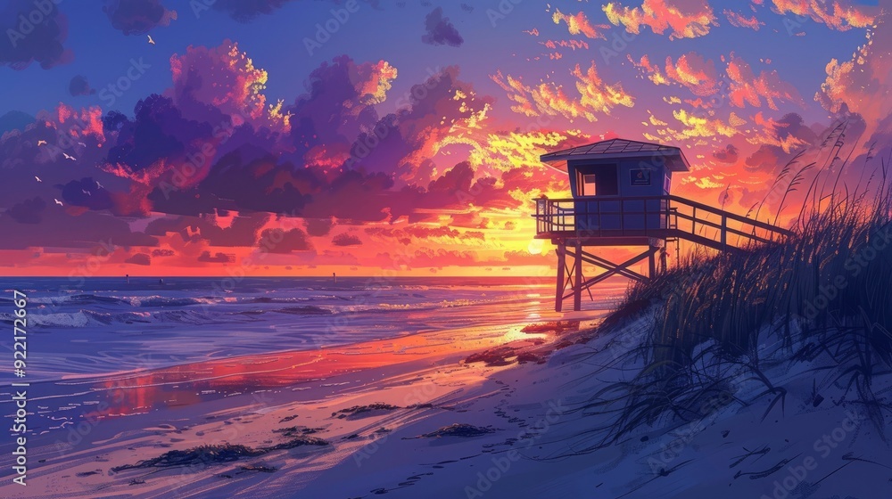 An empty lifeguard tower on a deserted beach at sunset, the sky ablaze with colors and the waves gently lapping at the shore, evokes a sense of solitude and tranquility. An empty lifeguard tower on a deserted beach at sunset, the sky ablaze with colors and the waves gently lapping at the shore, evokes a sense of solitude and tranquility.