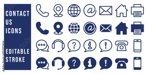 Contact us icon set. Web icons set , home,fax, message, call, email, address, mobile, location, globe, envelope, telephone, website, icon, contact information icon. Vector editable stroke