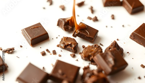 Set of pieces of dark chocolate falling close up on a white background