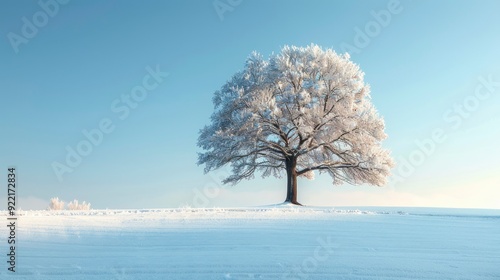 A single tree stands in the middle of an expansive, snow-covered field, representing resilience and loneliness in the cold, harsh environment. photo