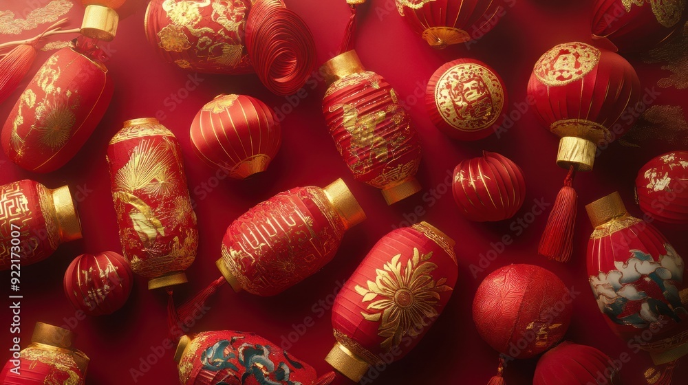 Red Lanterns with Golden Embellishments for Chinese New Year Red Lanterns with Golden Embellishments for Chinese New Year
