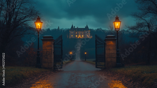 A iron driveway gate with two 19th century street lights to a haunted castle on a hill on a dark halloween night, halloween, spooky, night time, eerie, ghosts, haunted