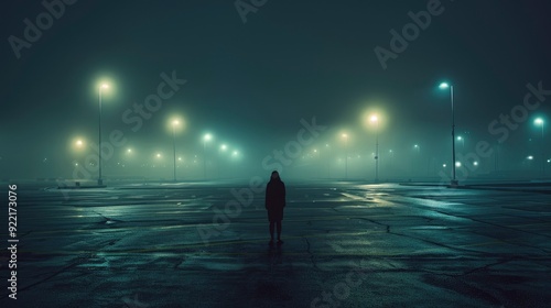 A solitary figure stands in the middle of a vast, empty parking lot at night, the only light coming from the distant streetlights, capturing a moment of urban isolation.