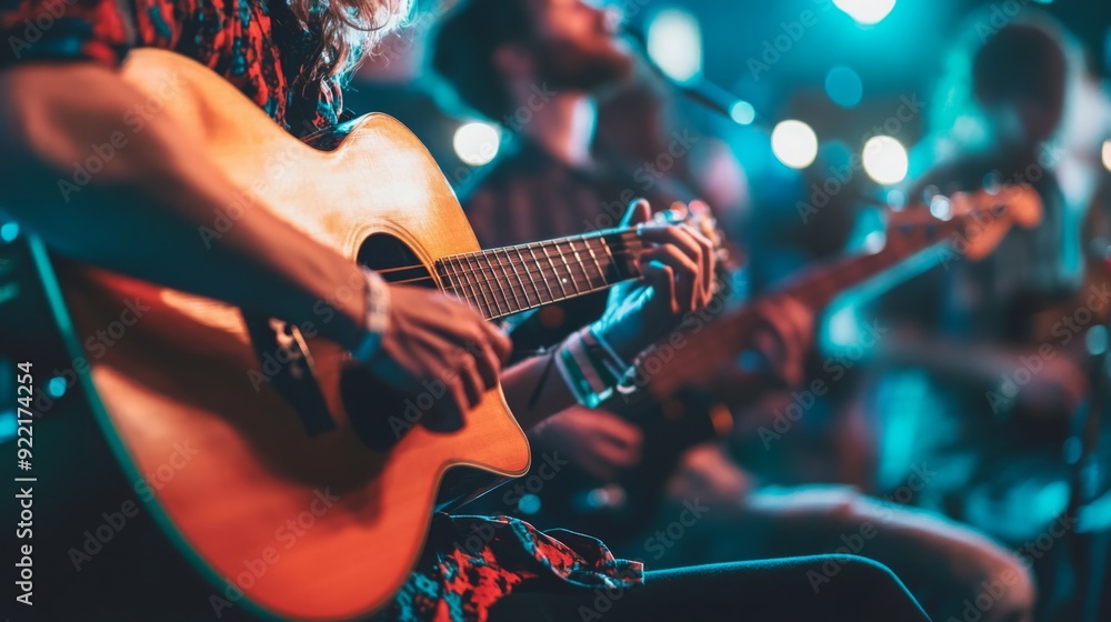 Fototapeta premium A musician plays an acoustic guitar while others join in, creating a vibrant atmosphere filled with music and energy.