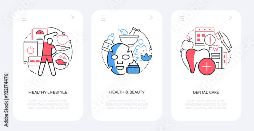 Healthy and beauty lifestyle - line design style banners set with place for text. Proper nutrition, exercise, mask, spa, yoga, dental care, toothbrush and paste, sports and diet idea, weight control
