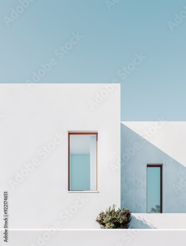 Modern Minimalist White House with Large Windows and Small Garden on Light Pastel Blue Background