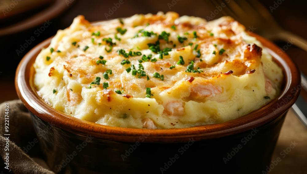 Creamy fish pie topped with fluffy mashed potatoes Creamy fish pie topped with fluffy mashed potatoes
