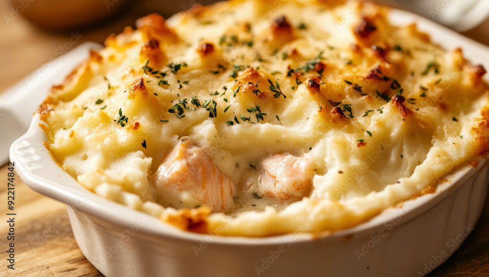 Creamy fish pie topped with fluffy mashed potatoes Creamy fish pie topped with fluffy mashed potatoes