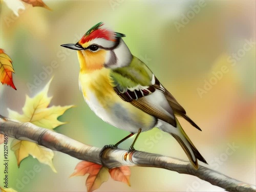 Illustrate a Ruby-crowned Kinglet flitting among autumn leaves, with its tiny red crown barely visible among the golden hues photo