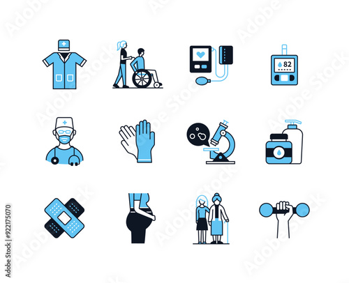 Medical equipment - line design style icons set with editable stroke. Doctor uniform, wheelchair, microscope, pregnancy, beauty and health products, patch and sanitizer, blood test, tonometer