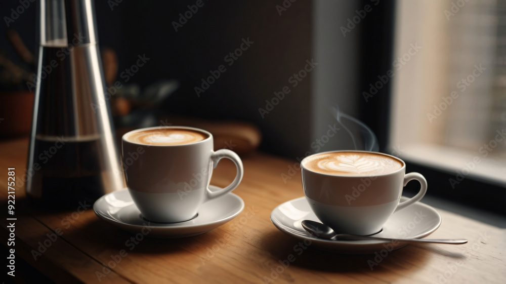 Fototapeta premium A cup of coffee on the wooden table in front of window cafe, morning routine concept, copy space