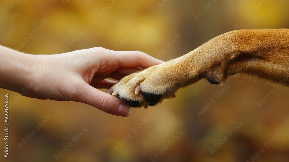 Close-up of a human hand and a dog paw touching, illustrating the connection and mutual trust between them. Close-up of a human hand and a dog paw touching, illustrating the connection and mutual trust between them.