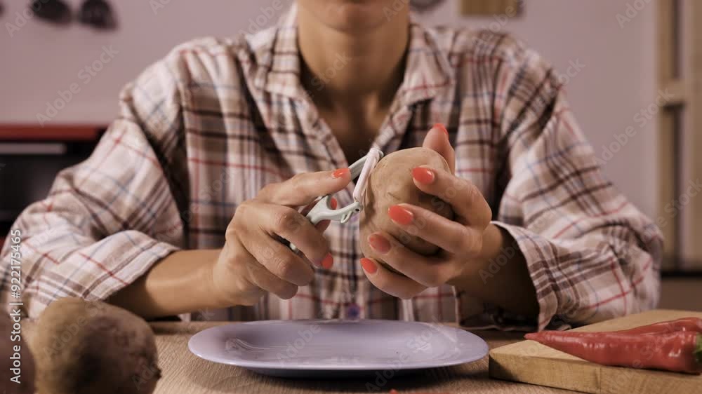 Woman in checkered shirt peeling raw potato at table in kitchen Woman in checkered shirt peeling raw potato at table in kitchen