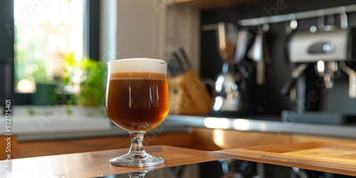 Nitro coffee in a clear glass with visible foam layers on a kitchen countertop