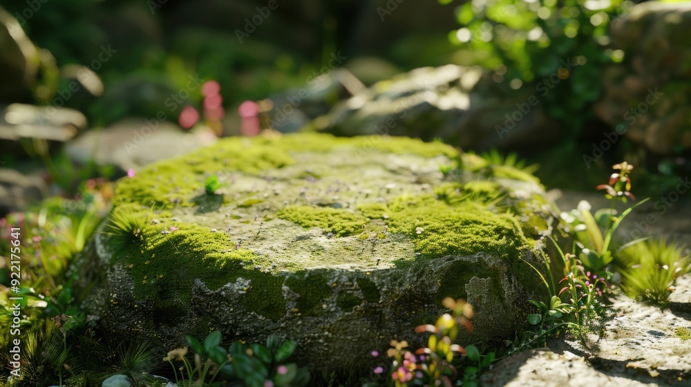 A serene forest scene featuring a round moss-covered stone surrounded by lush greenery, capturing the essence of natural tranquility A serene forest scene featuring a round moss-covered stone surrounded by lush greenery, capturing the essence of natural tranquility