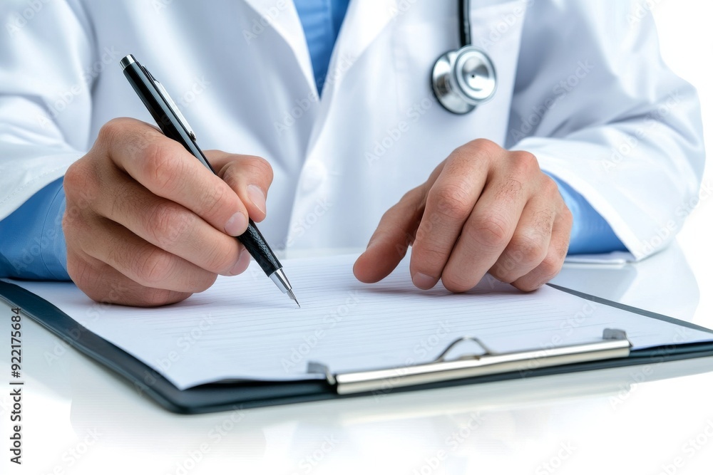 Wearing a white coat, a doctor was writing on a medical chart with a pen isolated on a white background Wearing a white coat, a doctor was writing on a medical chart with a pen isolated on a white background
