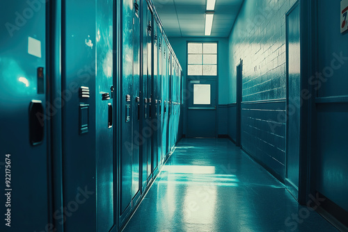 Vibrant School Lockers in a Blue and Teal Color Scheme, Showcased in a Cinematic Hallway View with Warm Light and Modern Design Touches.