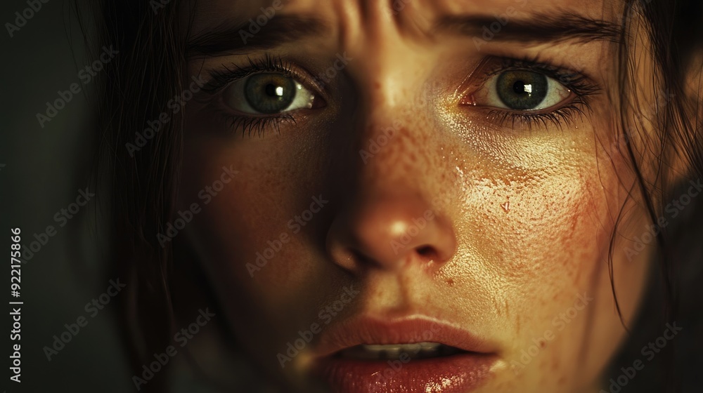 Close-up of a woman face, her expression tense and worried, capturing the raw emotion of anxiety and unease. Close-up of a woman face, her expression tense and worried, capturing the raw emotion of anxiety and unease.