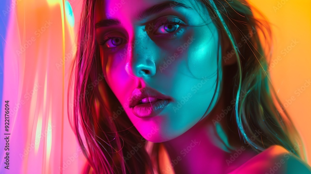 Model with a poker face standing against a vibrant background her serious and expressionless eyes creating a striking contrast with the colorful surroundings Model with a poker face standing against a vibrant background her serious and expressionless eyes creating a striking contrast with the colorful surroundings