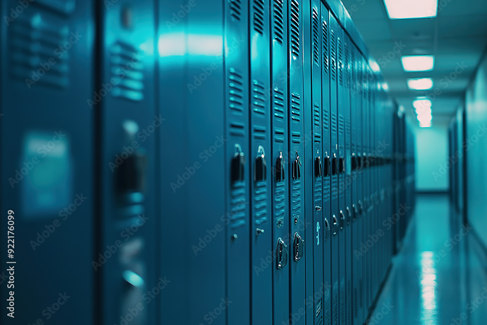 Stylish School Corridor with Blue and Teal Lockers, Captured in a Cinematic Wide-Angle Perspective with Warm Lighting and Contemporary Design Features. Stylish School Corridor with Blue and Teal Lockers, Captured in a Cinematic Wide-Angle Perspective with Warm Lighting and Contemporary Design Features.