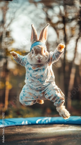 A rabbit dressed in sportswear and a headband joyfully jumps on a trampoline, showcasing its playful spirit in a sunny backyard