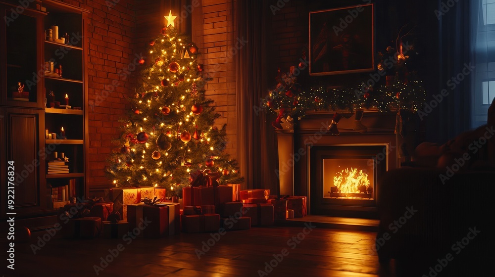 Cozy Christmas Scene with Tree and Fireplace Cozy Christmas Scene with Tree and Fireplace