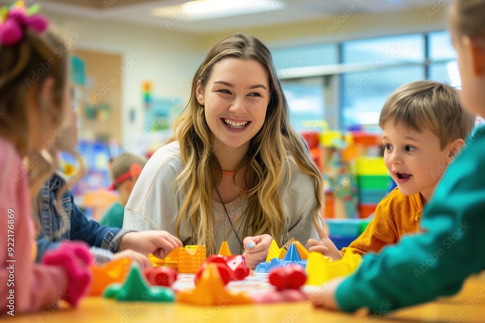 A teacher and young children play with colorful toys in a classroom. A teacher and young children play with colorful toys in a classroom.