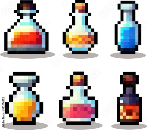set of bottle magic potion in pixel art style