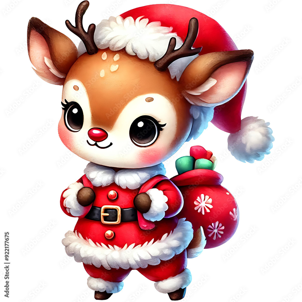Christmas Deer Farm Animal Watercolor Illustration, on a Transparent Background, Christmas Collection Christmas Deer Farm Animal Watercolor Illustration, on a Transparent Background, Christmas Collection