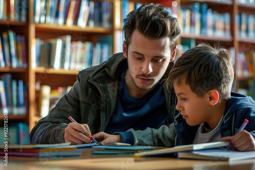 A young man tutors a boy in a library setting, both focused on their studies.