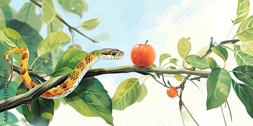 Bible. Old Testament. Creation. Genesis. The original sin, the forbidden fruit. Snake and red apple on tree branch. photo