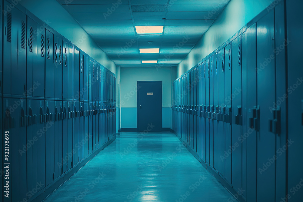 Warmly Lit School Hallway Featuring Blue and Teal Lockers in a Cine Warmly Lit School Hallway Featuring Blue and Teal Lockers in a Cine