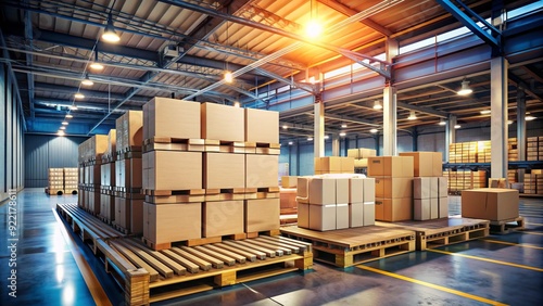 Sealed cardboard boxes stacked on wooden pallets in a dimly lit warehouse, surrounded by conveyer belts and machinery, awaiting shipment or storage.