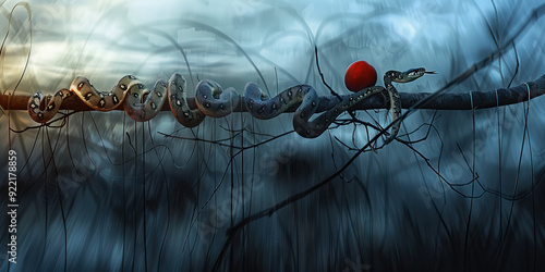 Bible. Old Testament. Creation. Genesis. The original sin, the forbidden fruit. Snake and red apple on tree branch.