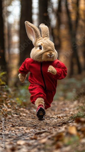 A light brown rabbit dressed in red is energetically running along a wooded path surrounded by autumn foliage