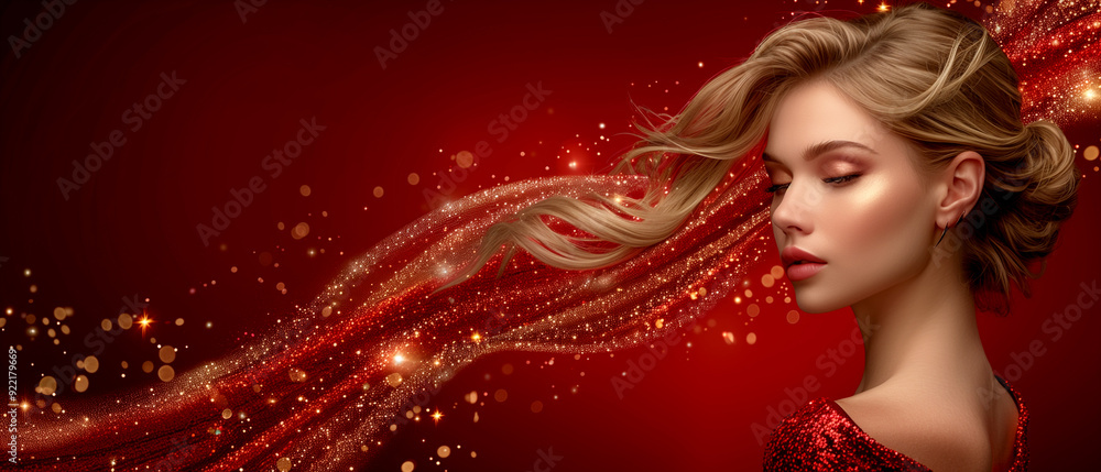 A woman with long blonde hair is the center of a red background with glittery stars. Concept of glamour and elegance, as the woman's hair is styled in a way that draws attention to her face A woman with long blonde hair is the center of a red background with glittery stars. Concept of glamour and elegance, as the woman's hair is styled in a way that draws attention to her face