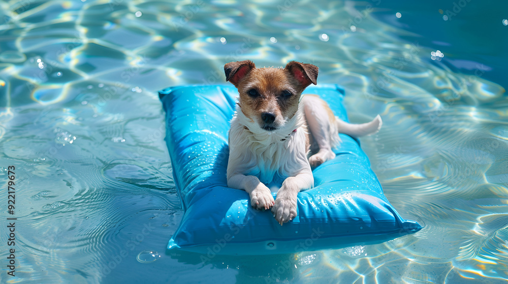 Poster Print A white dog relaxes and floats on a pool float in the family swimming pool dog 40x22.2 cm