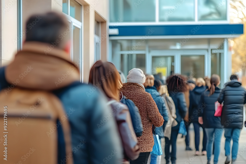 Blurred image of a diverse group of people queuing outside a medical facility. Hospital queue Blurred image of a diverse group of people queuing outside a medical facility. Hospital queue