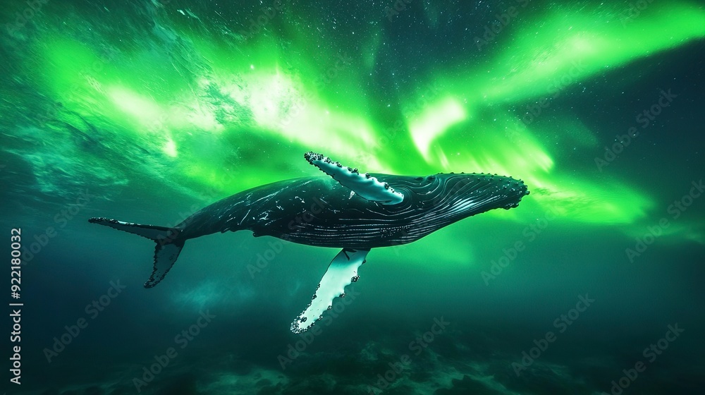Fototapeta premium Humpback whale swimming under the ocean's green aurora