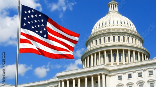 A vivid American flag flies in front of the iconic United States Capitol building, symbolizing patriotism and democracy under a bright blue sky.
