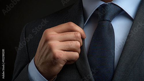 Man's hand adjusting a tie in a corporate setting with ample copy space,