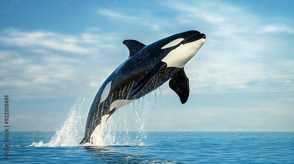 Obraz premium Killer whale jumping out of the water on a sunny day, Big orca whale jumping out of the sea