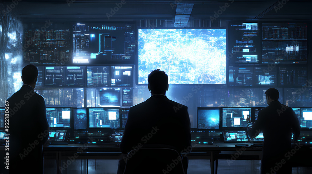 Supervisor Holds Briefing for His Employees in System Control Center Full of Monitors and Servers Supervisor Holds Briefing for His Employees in System Control Center Full of Monitors and Servers