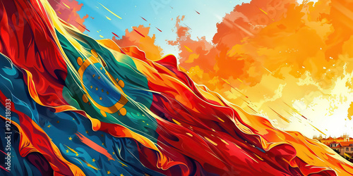 Abstract digital background or texture design of portuguese flag colors, Portugal national country symbol illustration wavy silk fabric background 