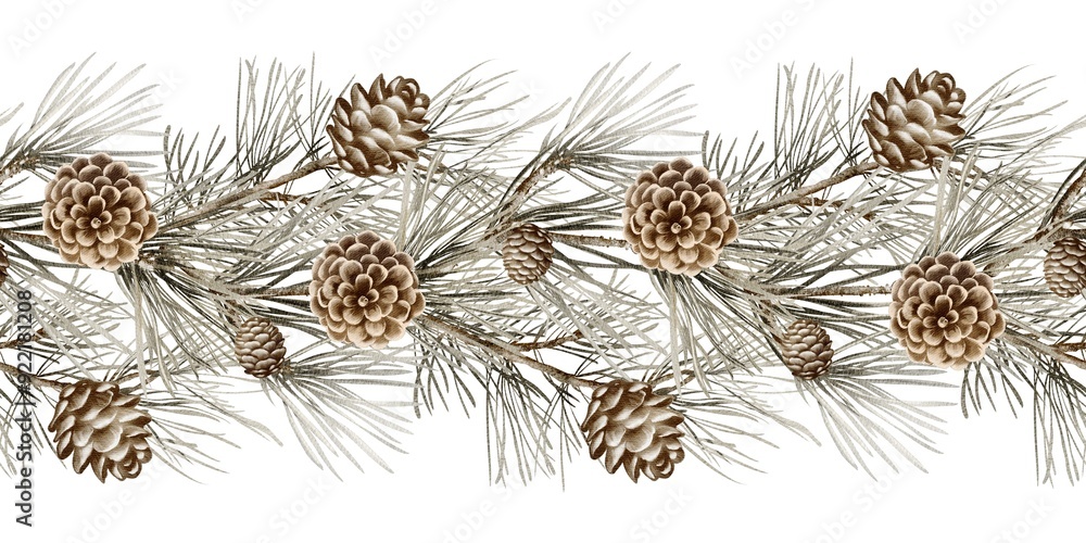 Fototapeta premium Pine Decorative Seamless Christmas Garland with Pinecones. Watercolor illustration of fir garland. Fir twigs, Pinecones. Evergreen border on isolated background. Festive repeat ornament for card.