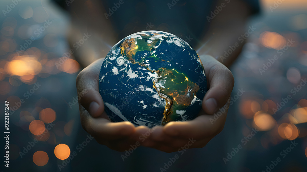 Fototapeta premium Earth at night was holding in human hands Earth