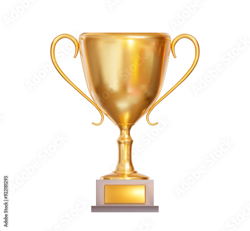3d realistic golden trophy cup. Stock vector illustration on isolated background.