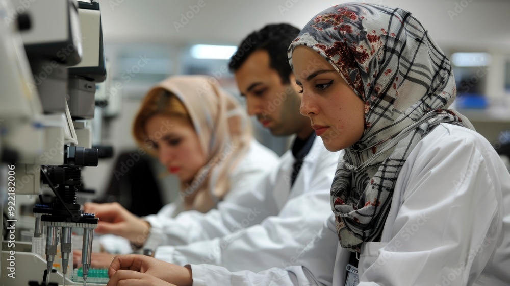 Scientists from different fields working together in a lab, conducting experiments and recording data, demonstrating interdisciplinary collaboration Scientists from different fields working together in a lab, conducting experiments and recording data, demonstrating interdisciplinary collaboration