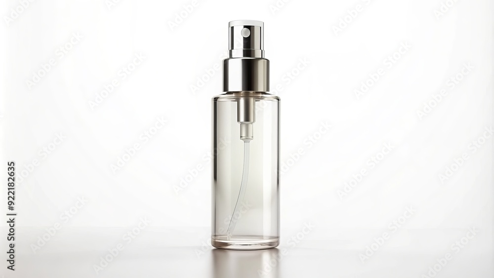Sleek, transparent glass cosmetic spray bottle with silver cap and label, sitting on a clean white background, awaiting product labeling and branding. Sleek, transparent glass cosmetic spray bottle with silver cap and label, sitting on a clean white background, awaiting product labeling and branding.